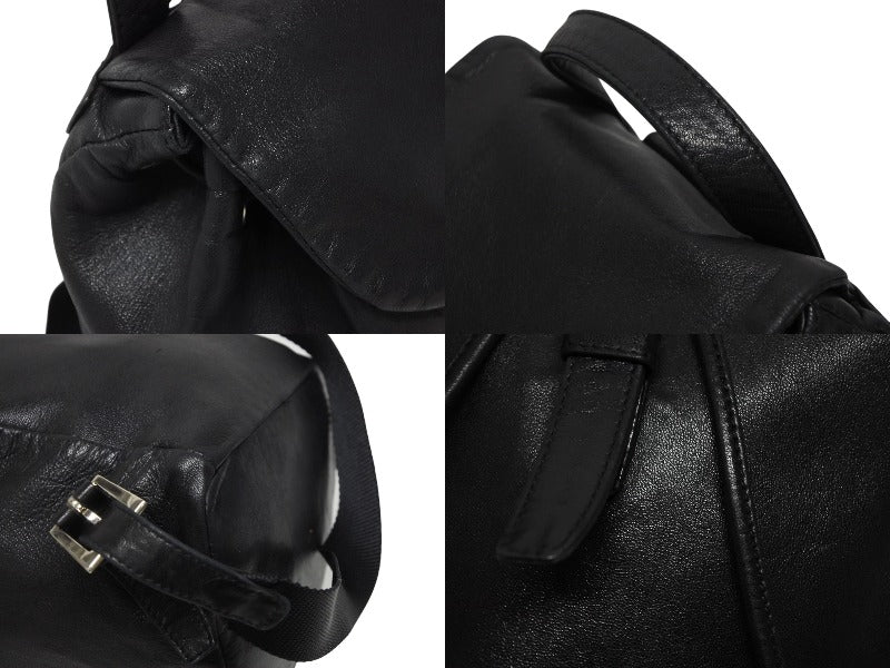 Very Good Condition PRADA Rucksack Daypack Triangle Plate Triangle Logo Made in Italy Black Silver Hardware Leather Used 4b011024
