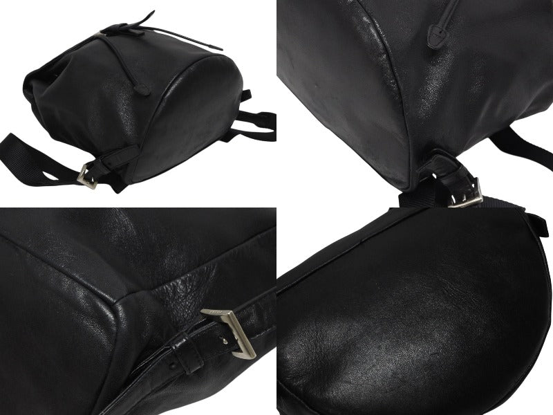 Very Good Condition PRADA Rucksack Daypack Triangle Plate Triangle Logo Made in Italy Black Silver Hardware Leather Used 4b011024