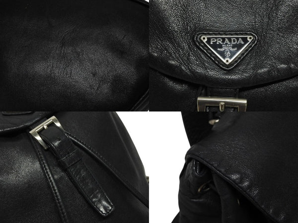 極美品 PRADA プラダ リュック デイパック 三角プレート トライアングルロゴ イタリア製 ブラック シルバー金具 レザー 中古 4b011024