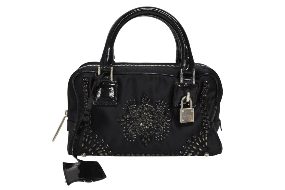 LOEWE ロエベ ミニアマソナ ミニハンドバッグ サテン ビーズ クリスタル ブラック シルバー金具 美品 中古 4b011032