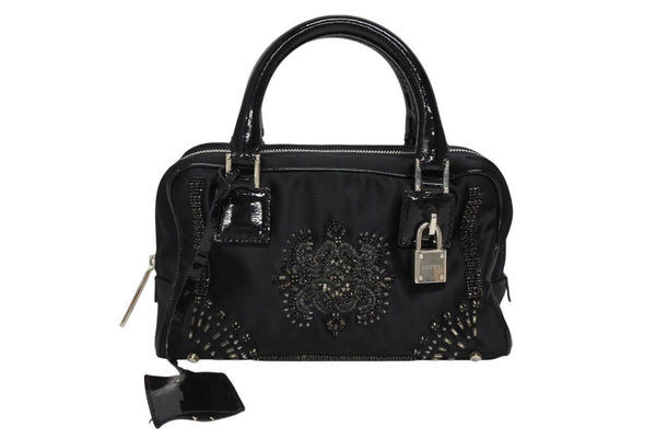 LOEWE ロエベ ミニアマソナ ミニハンドバッグ サテン ビーズ クリスタル ブラック シルバー金具 美品 中古 4b011032