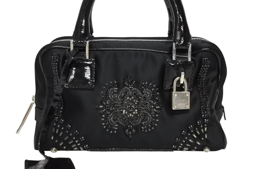 LOEWE ロエベ ミニアマソナ ミニハンドバッグ サテン ビーズ クリスタル ブラック シルバー金具 美品 中古 4b011032