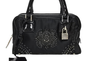 LOEWE ロエベ ミニアマソナ ミニハンドバッグ サテン ビーズ クリスタル ブラック シルバー金具 美品 中古 4b011032
