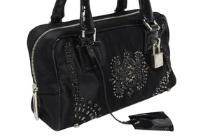 LOEWE ロエベ ミニアマソナ ミニハンドバッグ サテン ビーズ クリスタル ブラック シルバー金具 美品 中古 4b011032