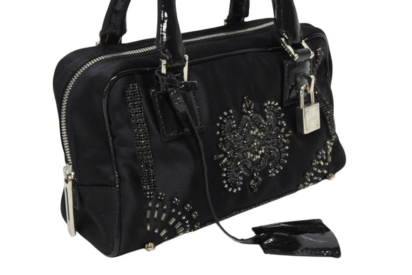 LOEWE ロエベ ミニアマソナ ミニハンドバッグ サテン ビーズ クリスタル ブラック シルバー金具 美品 中古 4b011032