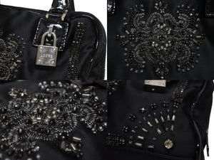 LOEWE ロエベ ミニアマソナ ミニハンドバッグ サテン ビーズ クリスタル ブラック シルバー金具 美品 中古 4b011032