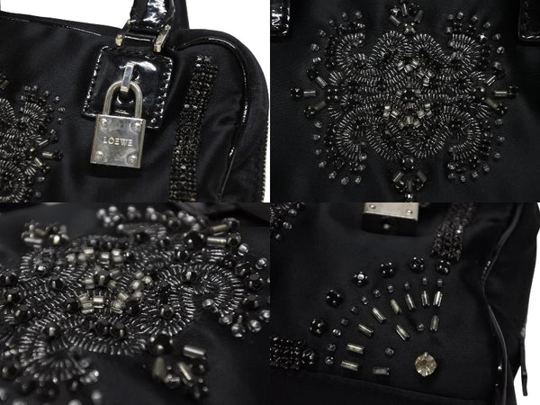 LOEWE ロエベ ミニアマソナ ミニハンドバッグ サテン ビーズ クリスタル ブラック シルバー金具 美品 中古 4b011032