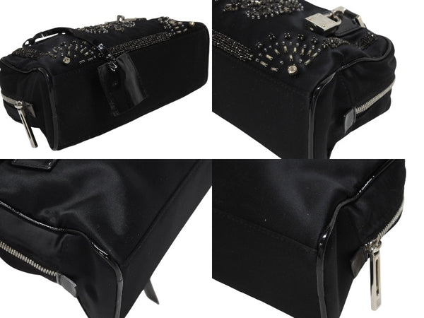LOEWE ロエベ ミニアマソナ ミニハンドバッグ サテン ビーズ クリスタル ブラック シルバー金具 美品 中古 4b011032