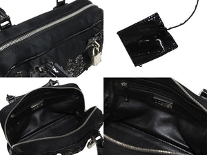 LOEWE ロエベ ミニアマソナ ミニハンドバッグ サテン ビーズ クリスタル ブラック シルバー金具 美品 中古 4b011032