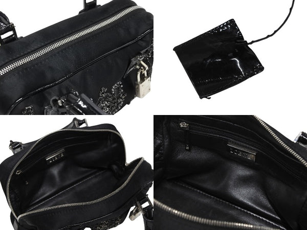 LOEWE ロエベ ミニアマソナ ミニハンドバッグ サテン ビーズ クリスタル ブラック シルバー金具 美品 中古 4b011032