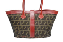 Load image into Gallery viewer, FENDI フェンディ トートバッグ 8BH046 ズッカ柄 総柄 キャンバス レザー レッド ブラウン シルバー金具 美品 中古 4b011393
