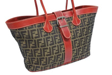 Load image into Gallery viewer, FENDI フェンディ トートバッグ 8BH046 ズッカ柄 総柄 キャンバス レザー レッド ブラウン シルバー金具 美品 中古 4b011393