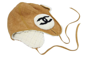新品同様品 CHANEL シャネル ココネージュ フライトキャップ AAA429 ベージュ ブラック ホワイト スウェード ムートン 中古 4b011760