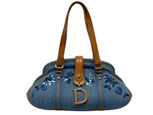 画像をギャラリービューアに読み込む, Christian Dior クリスチャンディオール ハンドバッグ ジョンガリアーノ バタフライ フラワー ブルー ブラウン コットンデニム レザー シルバー金具 美品 中古 4b011439