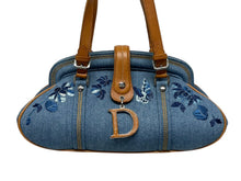 画像をギャラリービューアに読み込む, Christian Dior クリスチャンディオール ハンドバッグ ジョンガリアーノ バタフライ フラワー ブルー ブラウン コットンデニム レザー シルバー金具 美品 中古 4b011439