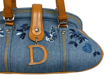 画像をギャラリービューアに読み込む, Christian Dior クリスチャンディオール ハンドバッグ ジョンガリアーノ バタフライ フラワー ブルー ブラウン コットンデニム レザー シルバー金具 美品 中古 4b011439