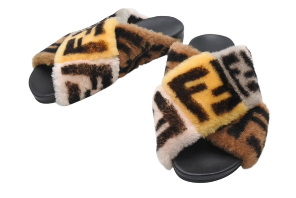 FENDI フェンディ サンダル ブラック ブラウン 牛革 ファー 37 中古 美品 4b011770
