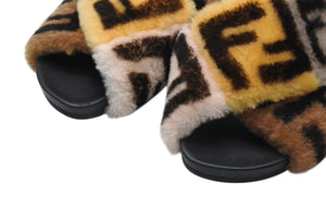 FENDI フェンディ サンダル ブラック ブラウン 牛革 ファー 37 中古 美品 4b011770