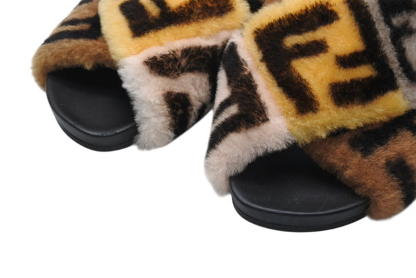 FENDI フェンディ サンダル ブラック ブラウン 牛革 ファー 37 中古 美品 4b011770