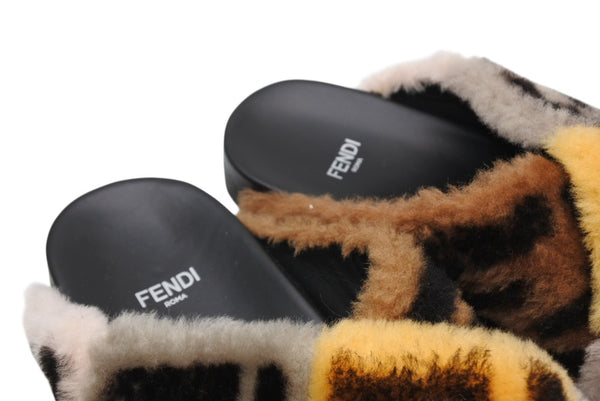 FENDI フェンディ サンダル ブラック ブラウン 牛革 ファー 37 中古 美品 4b011770
