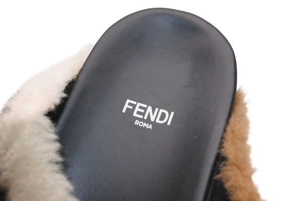 FENDI フェンディ サンダル ブラック ブラウン 牛革 ファー 37 中古 美品 4b011770