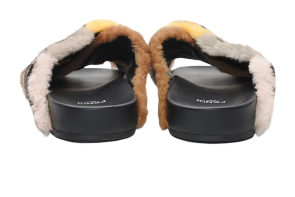 FENDI フェンディ サンダル ブラック ブラウン 牛革 ファー 37 中古 美品 4b011770