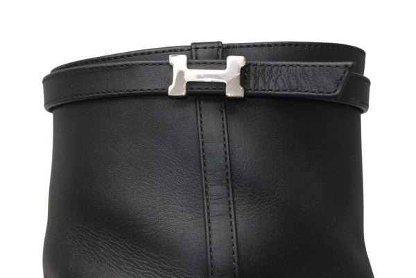 極美品 HERMES エルメス オマージュ ショートブーツ サイドジップ Hロゴ レザー ブラック シルバー金具 サイズ37 中古 4b012343