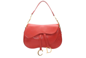 極美品 Christian Dior クリスチャンディオール ダブルサドルバッグ ワンショルダーバッグ RU 0011 レザー レッド ゴールド金具 中古 4b012250