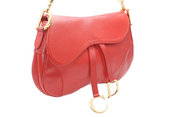 極美品 Christian Dior クリスチャンディオール ダブルサドルバッグ ワンショルダーバッグ RU 0011 レザー レッド ゴールド金具 中古 4b012250