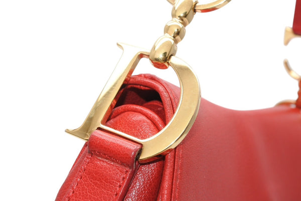 極美品 Christian Dior クリスチャンディオール ダブルサドルバッグ ワンショルダーバッグ RU 0011 レザー レッド ゴールド金具 中古 4b012250