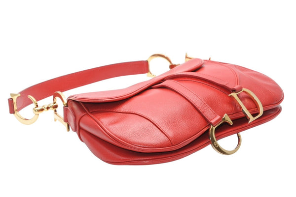 極美品 Christian Dior クリスチャンディオール ダブルサドルバッグ ワンショルダーバッグ RU 0011 レザー レッド ゴールド金具 中古 4b012250