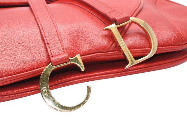 極美品 Christian Dior クリスチャンディオール ダブルサドルバッグ ワンショルダーバッグ RU 0011 レザー レッド ゴールド金具 中古 4b012250