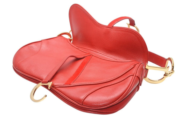極美品 Christian Dior クリスチャンディオール ダブルサドルバッグ ワンショルダーバッグ RU 0011 レザー レッド ゴールド金具 中古 4b012250