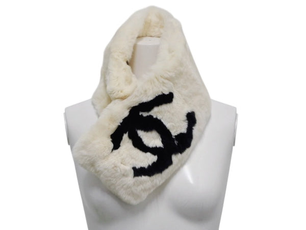 極美品 CHANEL シャネル デカココマーク ラパンネックウォーマー マフラー ラパン ブラック ホワイト 中古 4b012540
