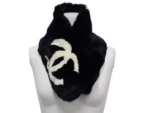 極美品 CHANEL シャネル デカココマーク ラパンネックウォーマー マフラー ラパン ブラック ホワイト 中古 4b012541