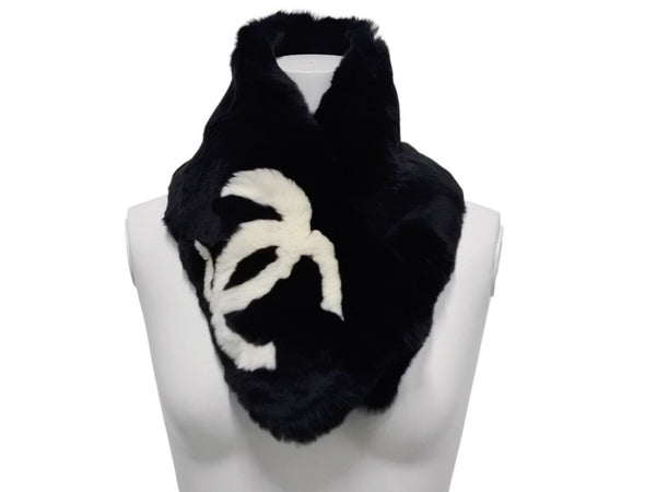 極美品 CHANEL シャネル デカココマーク ラパンネックウォーマー マフラー ラパン ブラック ホワイト 中古 4b012541
