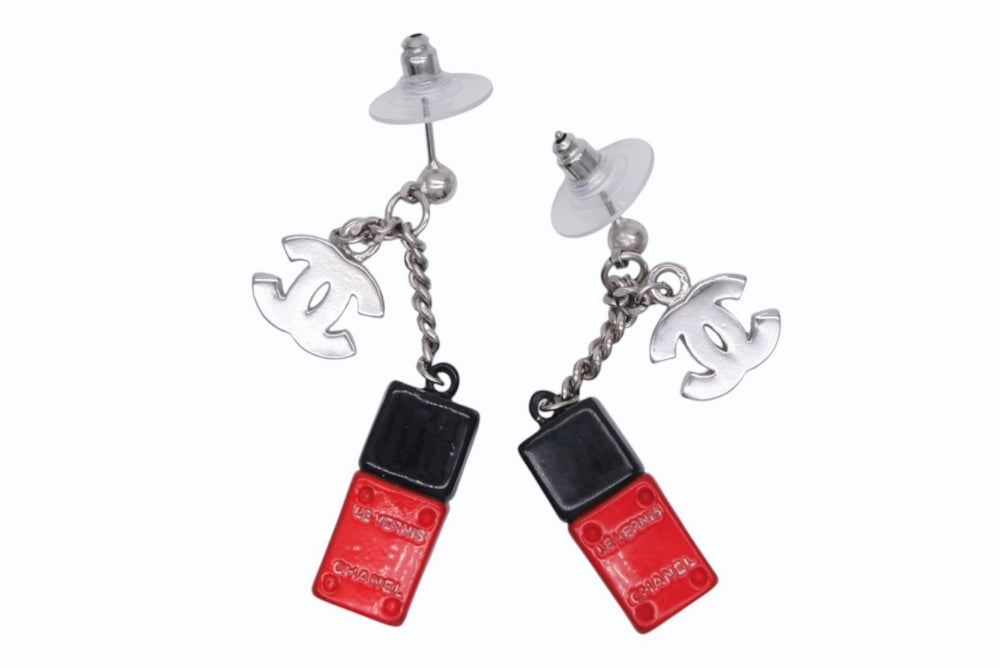 極美品 CHANEL シャネル ココマーク ネイルボトル ピアス 05V ブラック レッド シルバー 真鍮 重量8.5g 中古 4b011934