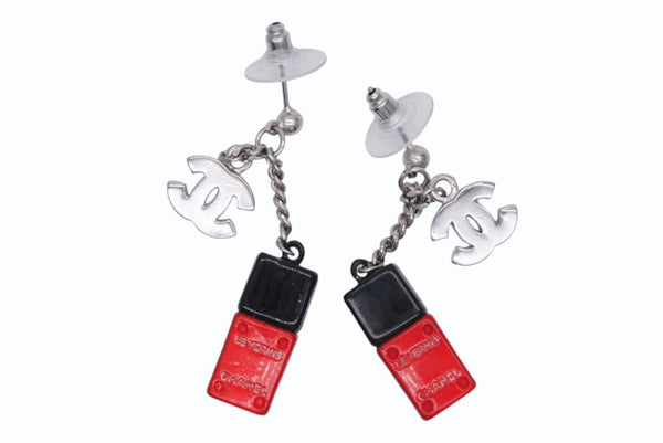 極美品 CHANEL シャネル ココマーク ネイルボトル ピアス 05V ブラック レッド シルバー 真鍮 重量8.5g 中古 4b011934