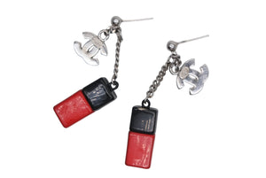 極美品 CHANEL シャネル ココマーク ネイルボトル ピアス 05V ブラック レッド シルバー 真鍮 重量8.5g 中古 4b011934