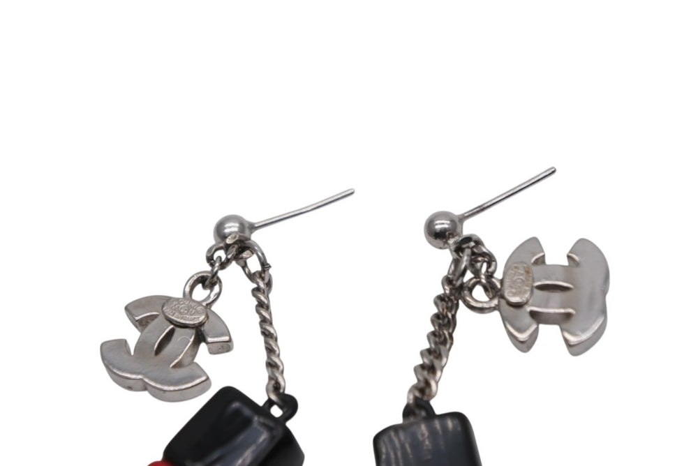 Very Good Condition CHANEL Coco Mark Nail Bottle Earrings 05V Black Red Silver Brass Weight 8.5g Used 4b011934