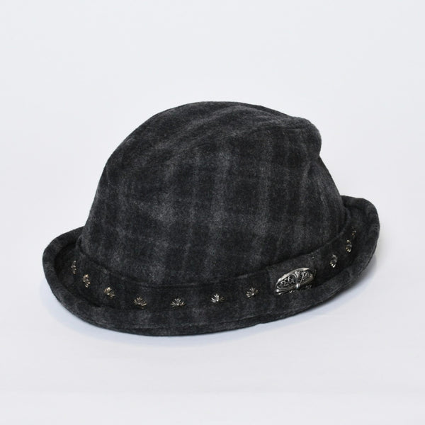 Chrome Hearts クロムハーツ ウール フェドラハット FEDORA クロスモチーフ チェック柄 グレー サイズM 美品 中古 4b013109