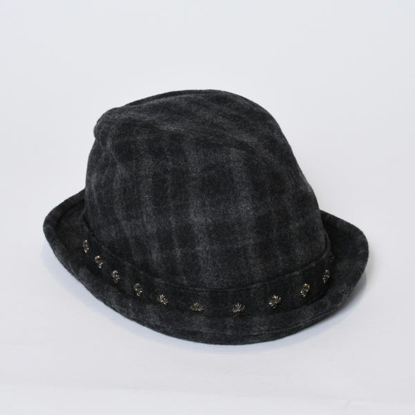 Chrome Hearts クロムハーツ ウール フェドラハット FEDORA クロスモチーフ チェック柄 グレー サイズM 美品 中古 4b013109