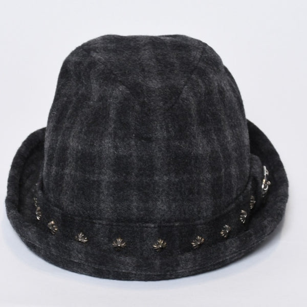 Chrome Hearts クロムハーツ ウール フェドラハット FEDORA クロスモチーフ チェック柄 グレー サイズM 美品 中古 4b013109