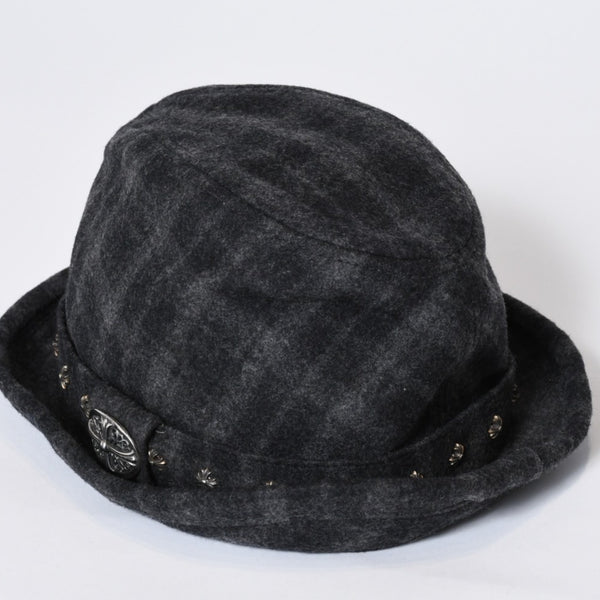 Chrome Hearts クロムハーツ ウール フェドラハット FEDORA クロスモチーフ チェック柄 グレー サイズM 美品 中古 4b013109