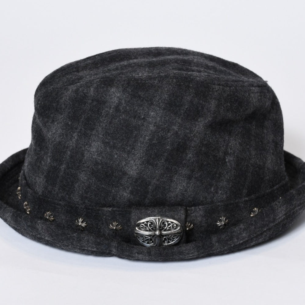 Chrome Hearts クロムハーツ ウール フェドラハット FEDORA クロスモチーフ チェック柄 グレー サイズM 美品 中古 4b013109