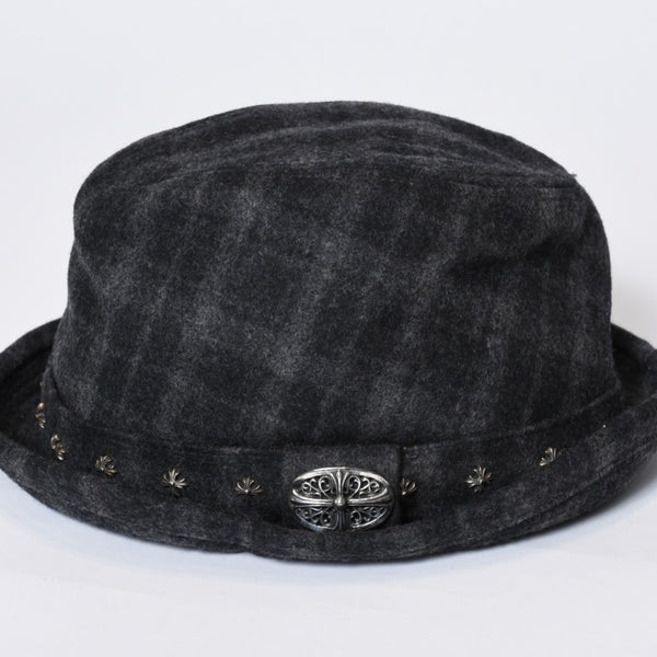 Chrome Hearts クロムハーツ ウール フェドラハット FEDORA クロスモチーフ チェック柄 グレー サイズM 美品 中古 4b013109