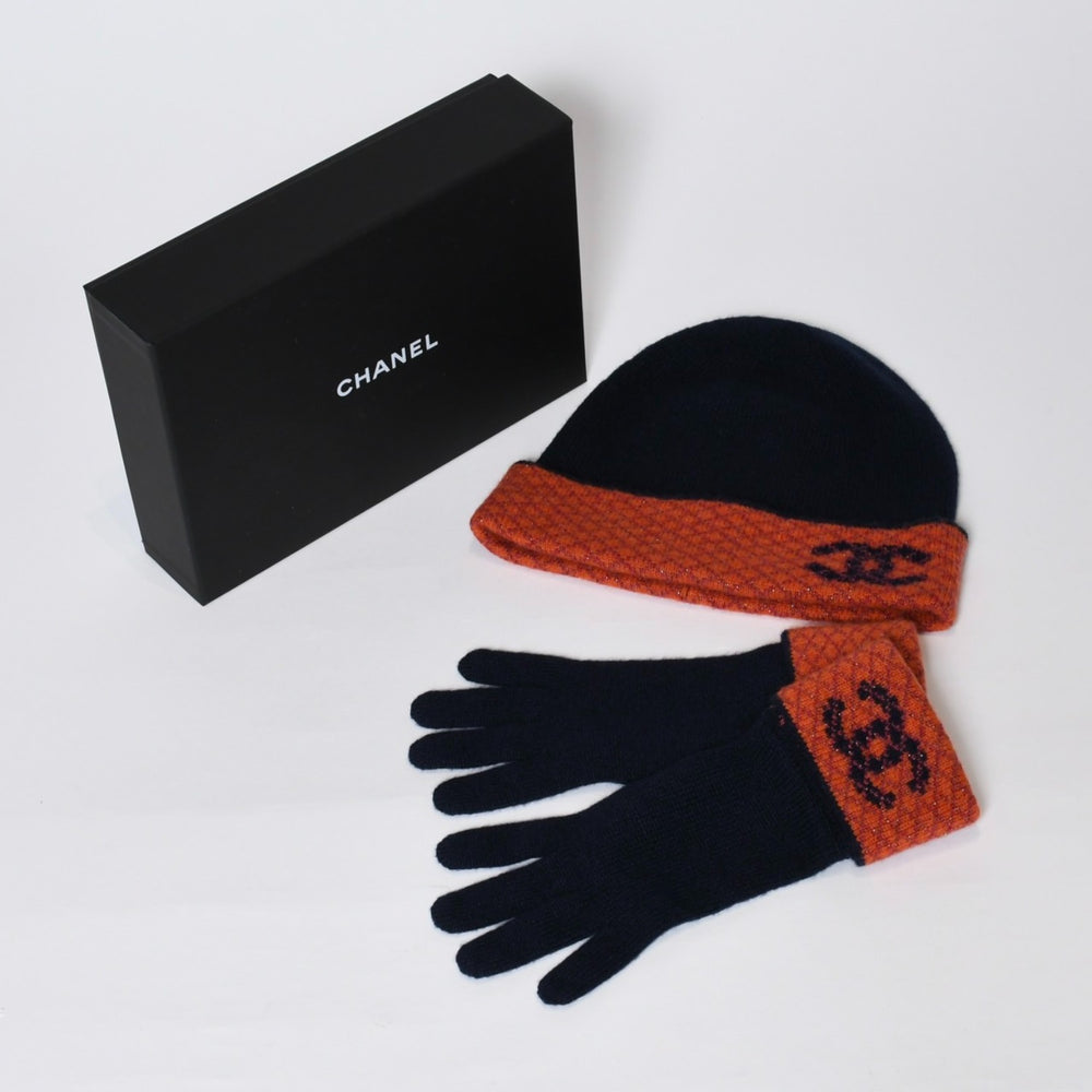 新品未使用 CHANEL シャネル カシミヤ グローブ 手袋 ビーニー ニットキャップ セット ココマーク ネイビー オレンジ 中古 4b013591