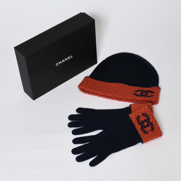 新品未使用 CHANEL シャネル カシミヤ グローブ 手袋 ビーニー ニットキャップ セット ココマーク ネイビー オレンジ 中古 4b013591