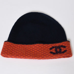 新品未使用 CHANEL シャネル カシミヤ グローブ 手袋 ビーニー ニットキャップ セット ココマーク ネイビー オレンジ 中古 4b013591