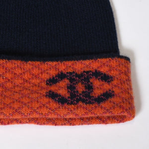 新品未使用 CHANEL シャネル カシミヤ グローブ 手袋 ビーニー ニットキャップ セット ココマーク ネイビー オレンジ 中古 4b013591